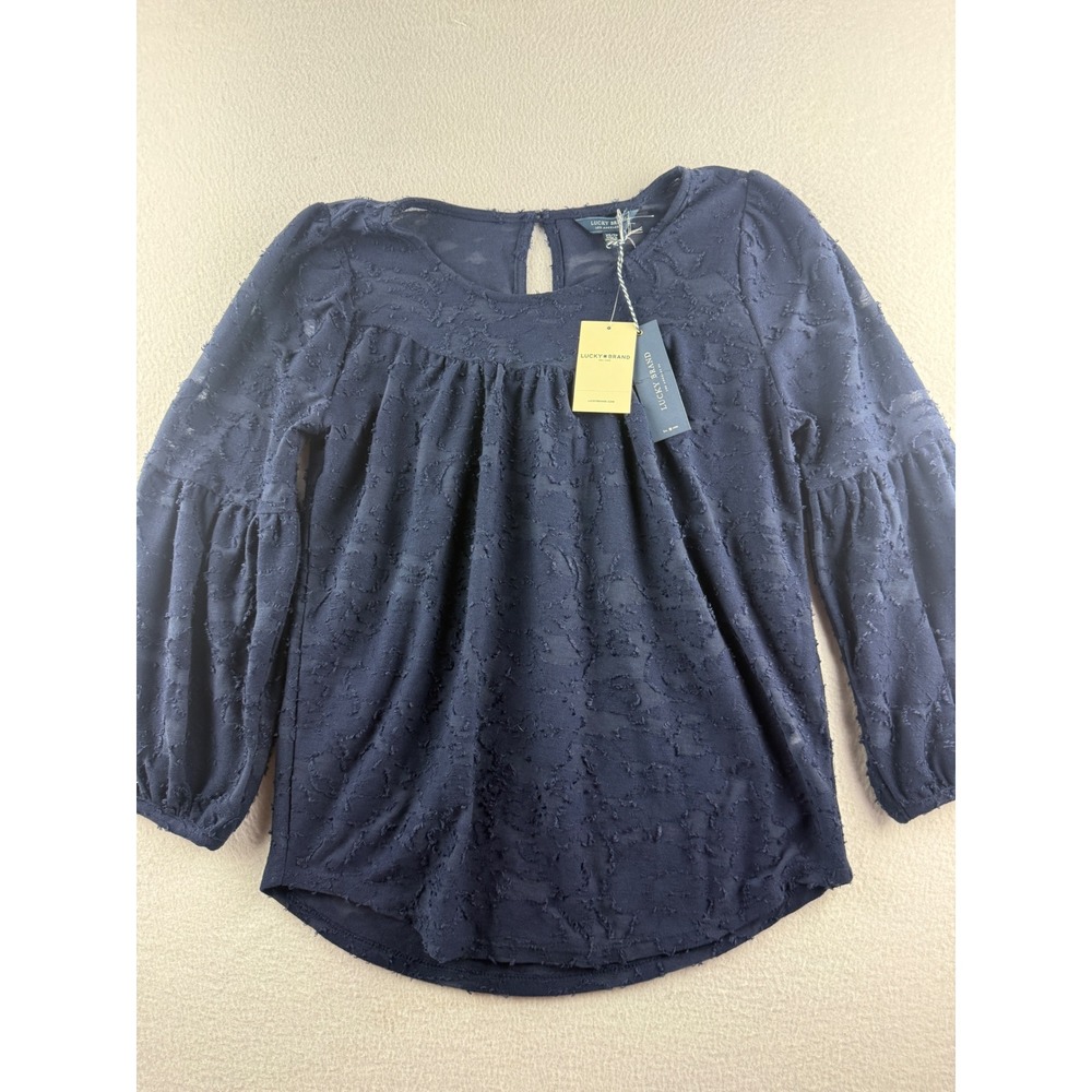 Lucky Brand Navy Blue Fil Coupe Textured‎ Balloon Sleeve Boho Blouse XS NEW